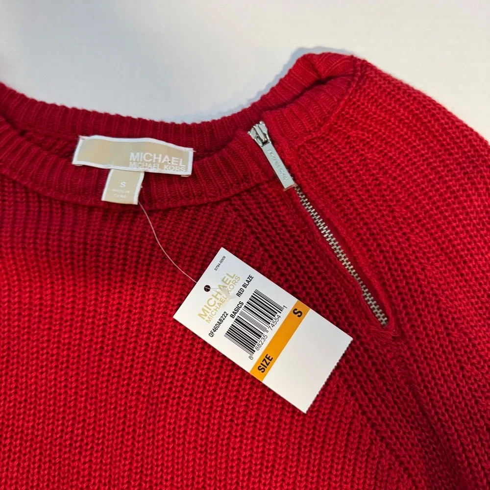 NWT Michael Kors Red Knit Zipper Shoulder Sweater Top‎ Size Small - Picture 2 of 5